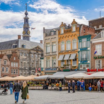Den Bosch ('s-Hertogenbosch Netherlands), April 2019. People shopping and enjoying the city centre of Den Bosch.