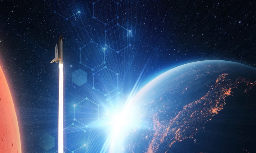 New space shuttle rocket with smoke and blast successfully takes off into space with red planet Mars and blue planet Earth with sun beams. Successful launch of the spacecraft and space exploration.